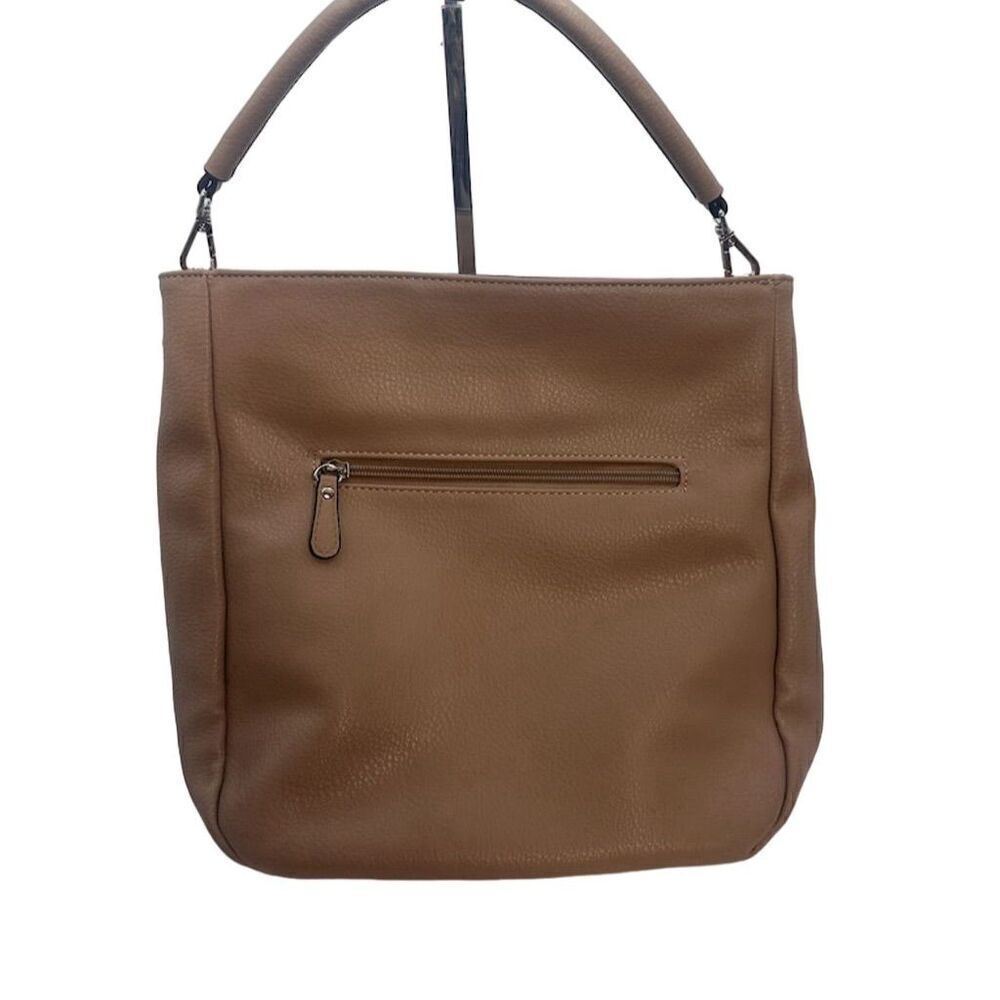 David Jones Paris Hobo Shoulder Bag Cognac Brown PU Leather Zip Pockets